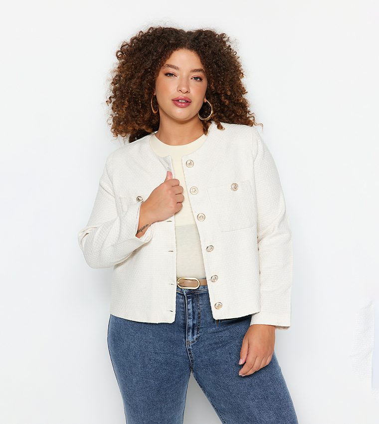 Buy Trendyol Button Closure Tweed Jacket In White 6thStreet Bahrain