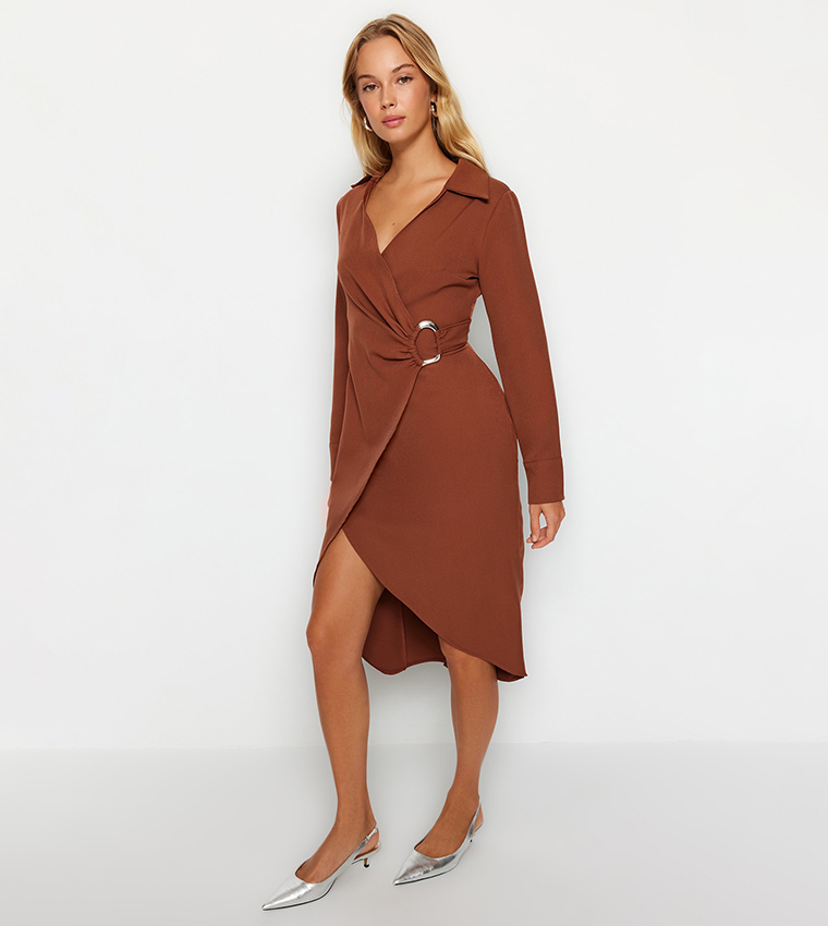 Solid Collared Neck Wrap Dress