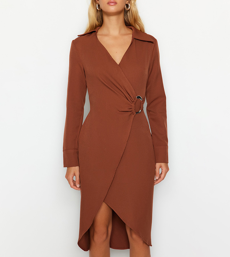Solid Collared Neck Wrap Dress