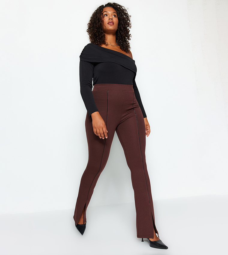 Buy Trendyol Seam Detail Slit Pants In Brown