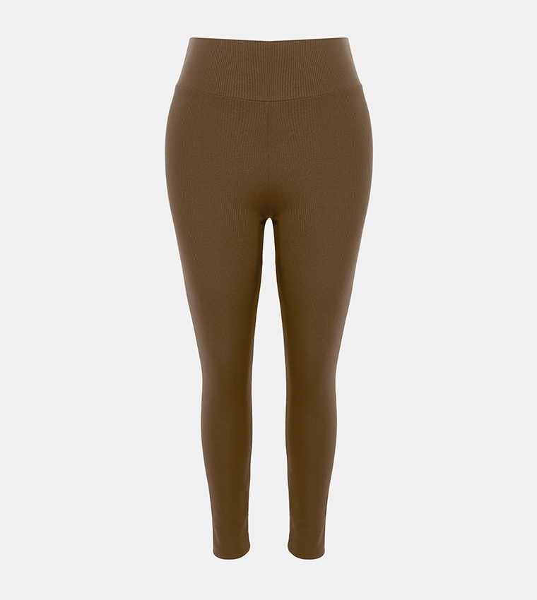 Buy Trendyol Ribbed Leggings In Khaki