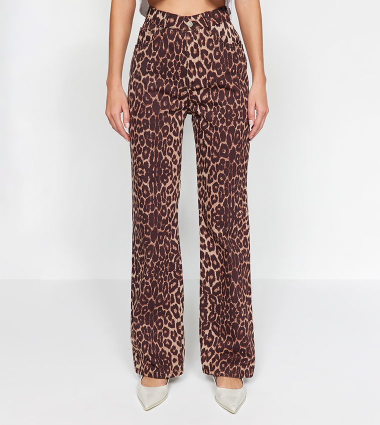 Trendyol Collection Brown Leopard Printed Flare/French Leg High Waist  Stretch Knitted Trousers TWOSS23PL00082 - Trendyol