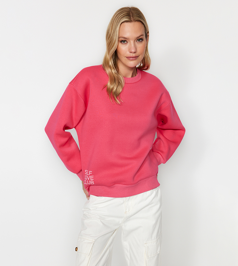 Buy Trendyol Printed Regular Fit Crew Neck Sweatshirt In Pink