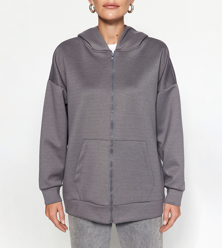 Oversized Hooded Jacket with Zip-Up Closure and Unique Overlay Design - Gray main image 1