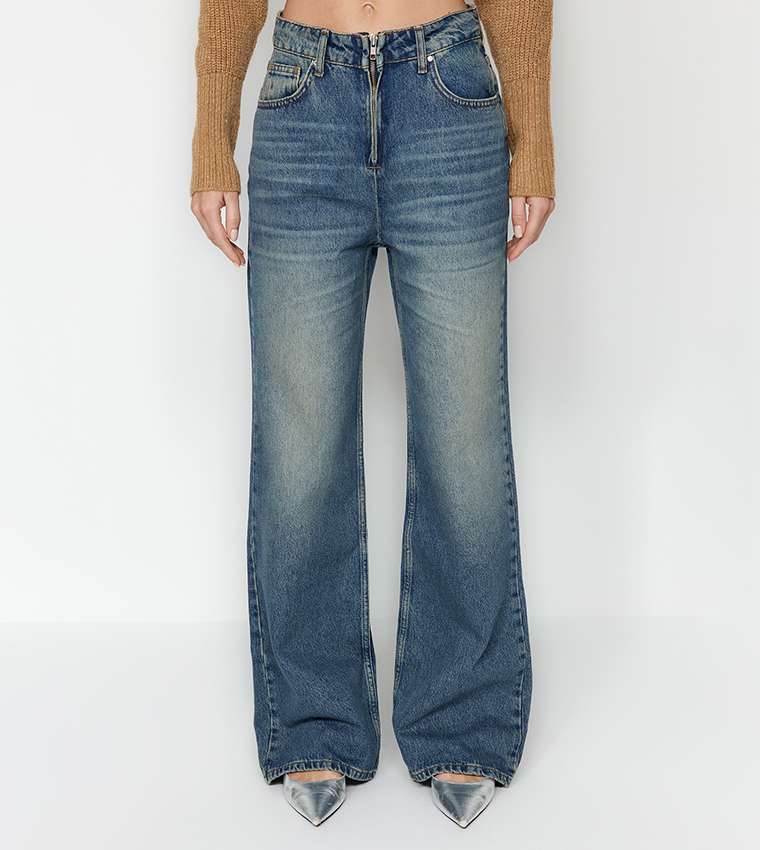 Faded Effect Vintage High-Rise Wide Leg Jeans
