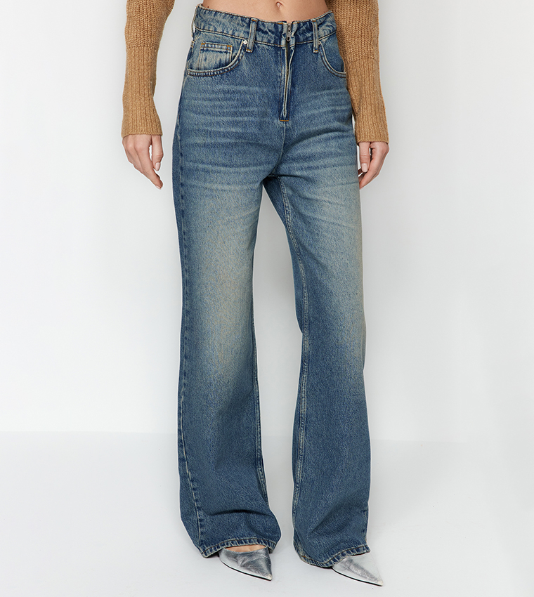 Faded Effect Vintage High-Rise Wide Leg Jeans