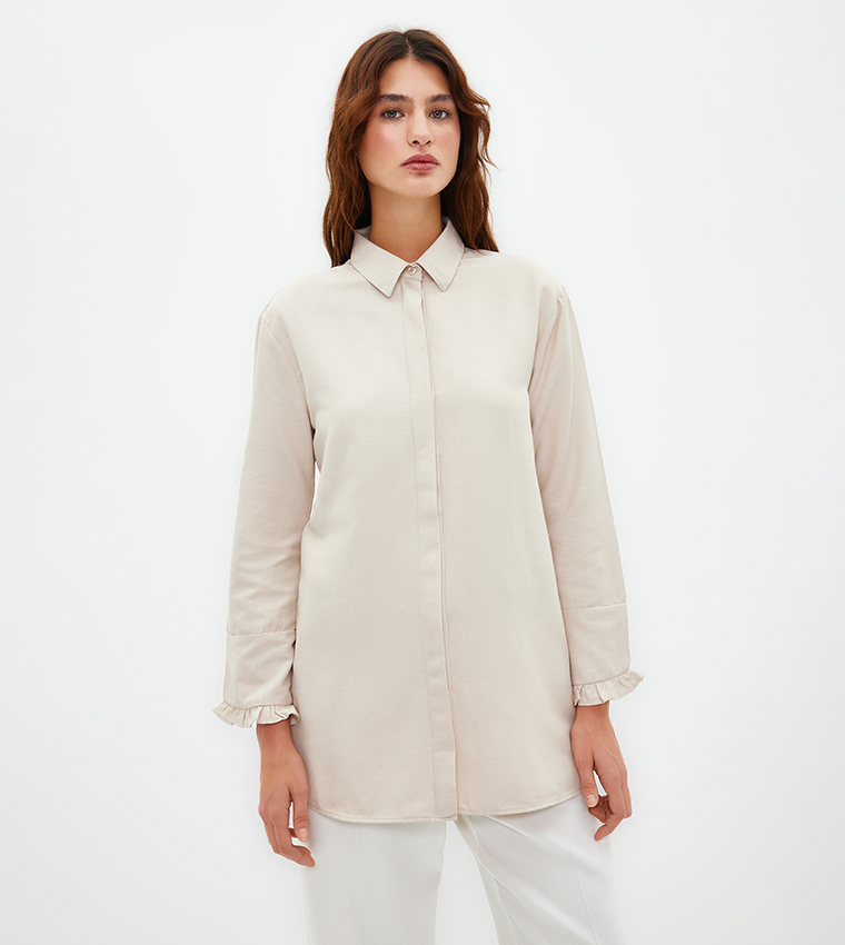Solid Hidden Placket Woven Shirt