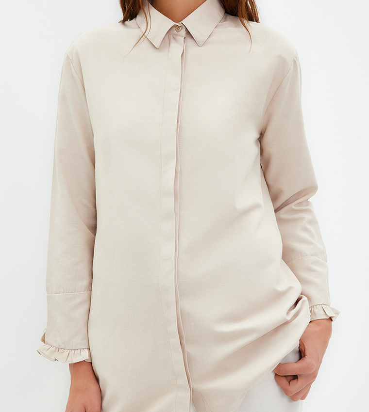 Solid Hidden Placket Woven Shirt