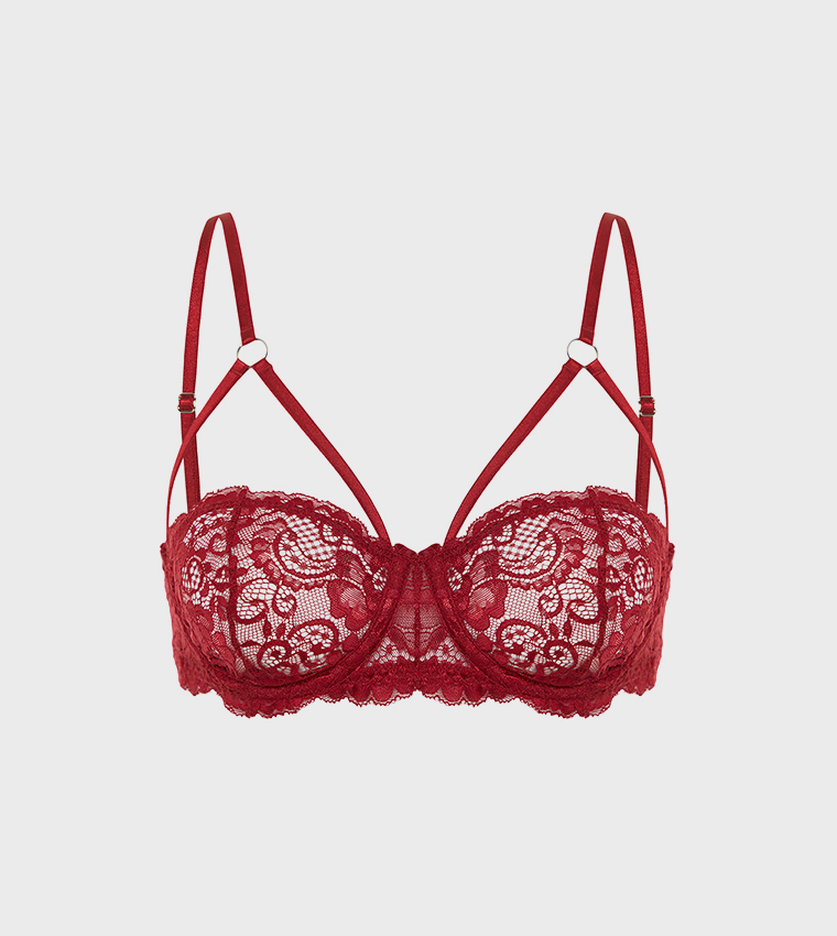 Buy Trendyol Laced Underwire Coverless Balconette Bra In Red