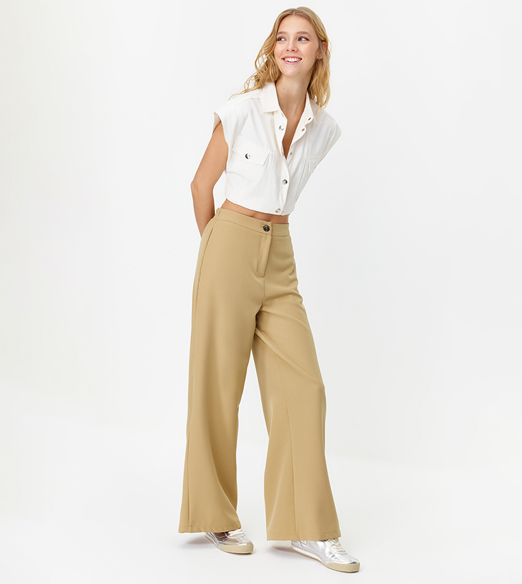 Trendyol Collection Beige Wide Leg Woven Trousers with Side Buttons  TWOSS20PL0398 - Trendyol