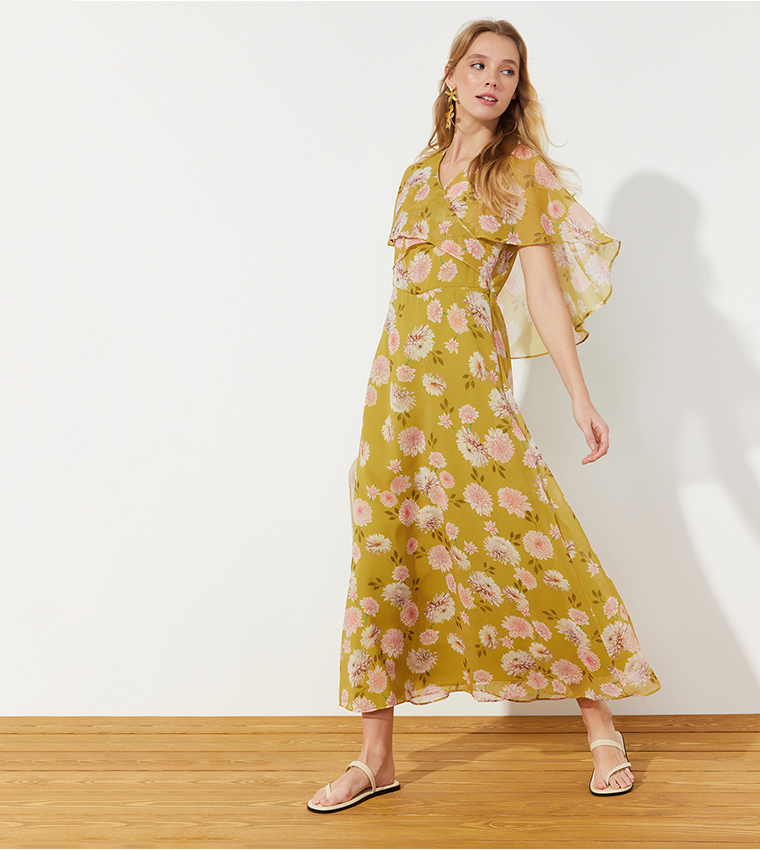 Buy Trendyol Floral Patterned Flounce Sleeves Chiffon Dress In