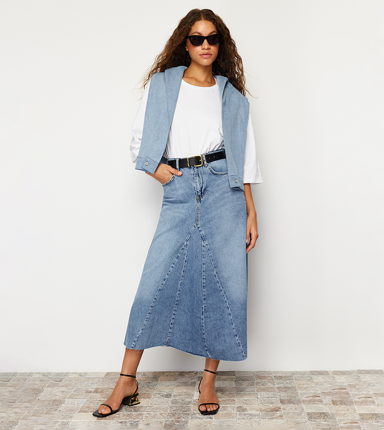 Stitch Detail High Waist Midaxi Denim Skirt
