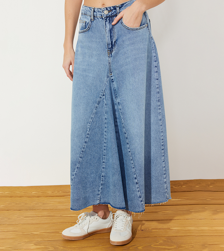 Stitch Detail High Waist Midaxi Denim Skirt