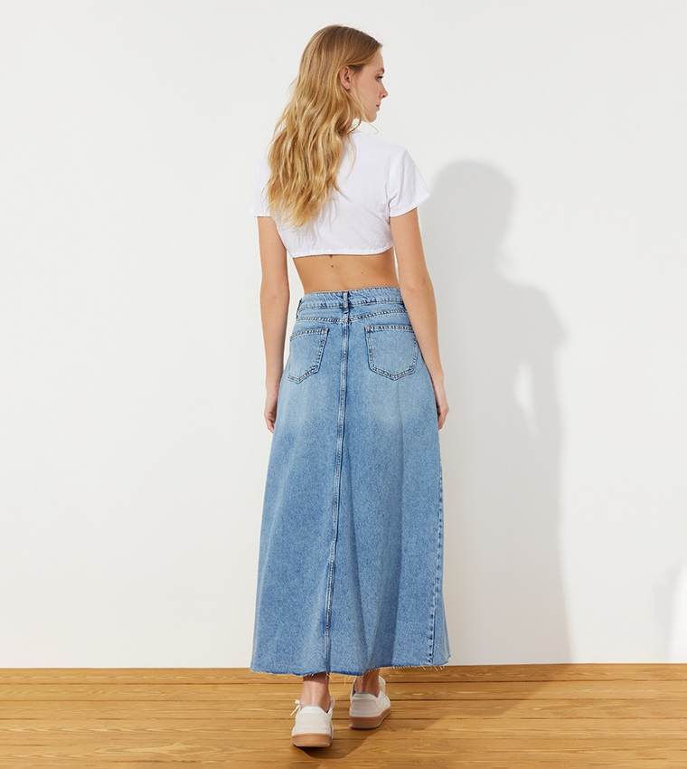 Stitch Detail High Waist Midaxi Denim Skirt