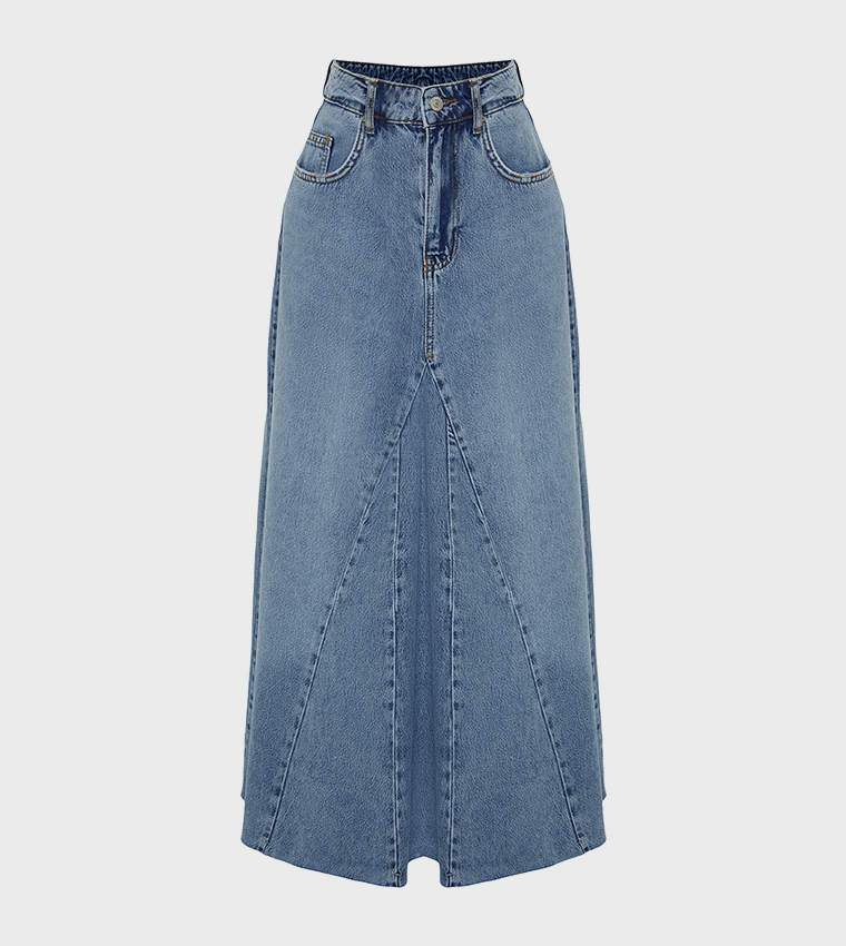 Stitch Detail High Waist Midaxi Denim Skirt