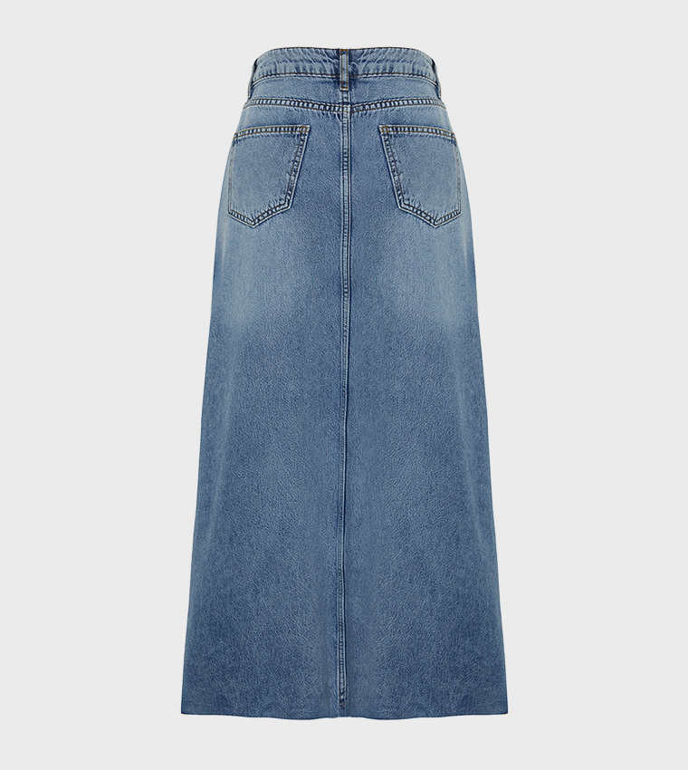 Stitch Detail High Waist Midaxi Denim Skirt