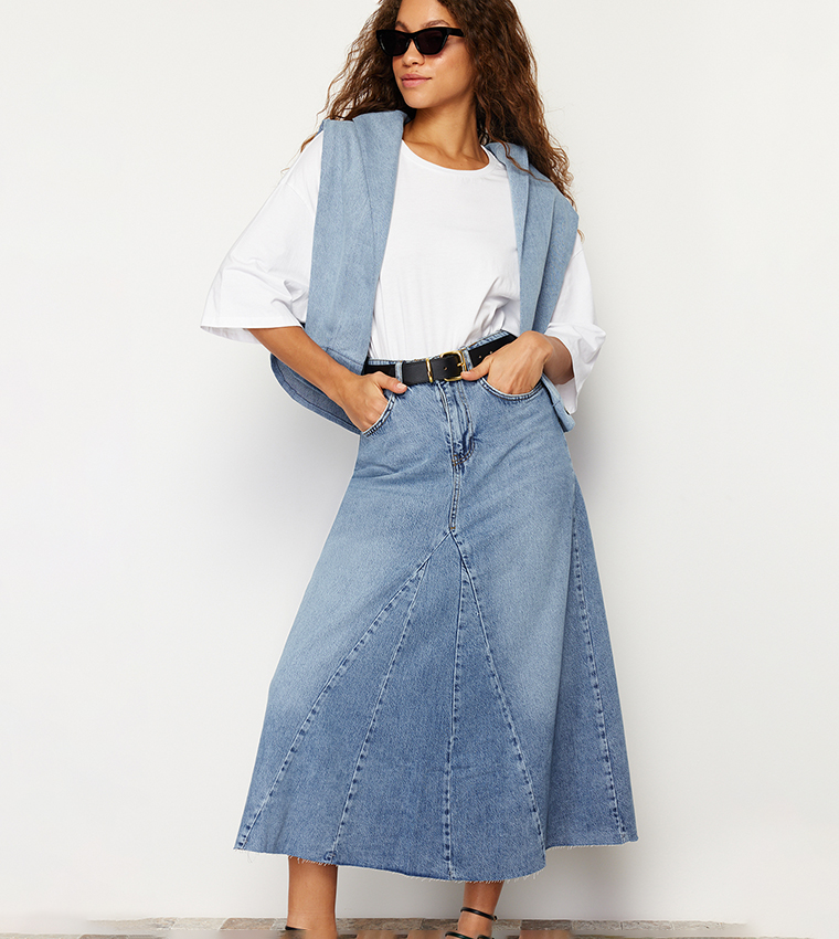 Stitch Detail High Waist Midaxi Denim Skirt