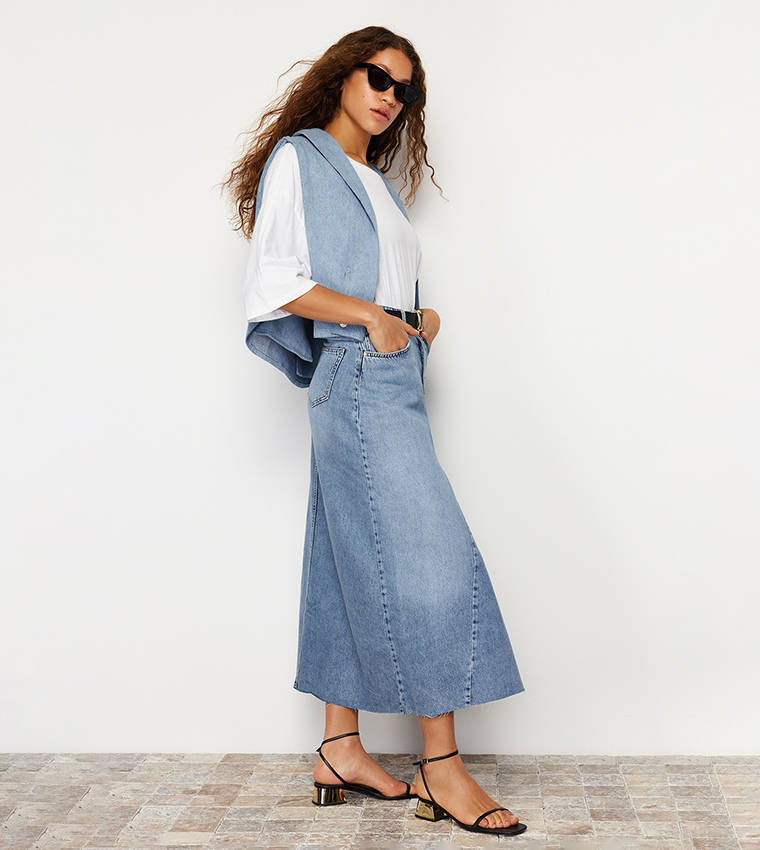 Stitch Detail High Waist Midaxi Denim Skirt