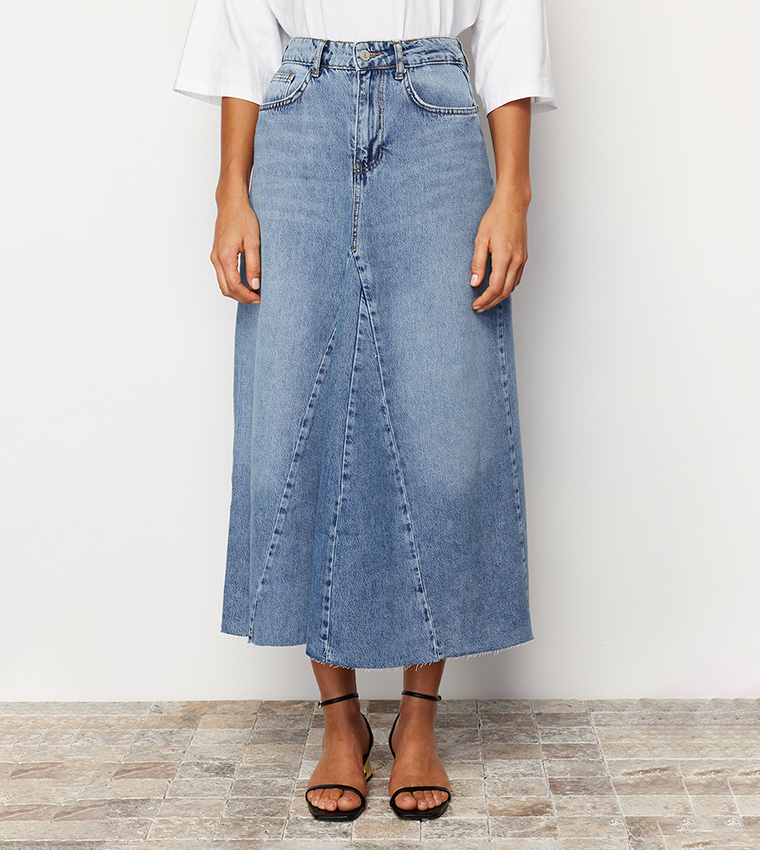 Stitch Detail High Waist Midaxi Denim Skirt