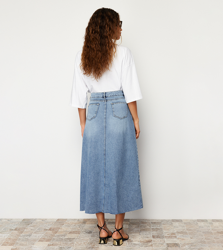 Stitch Detail High Waist Midaxi Denim Skirt
