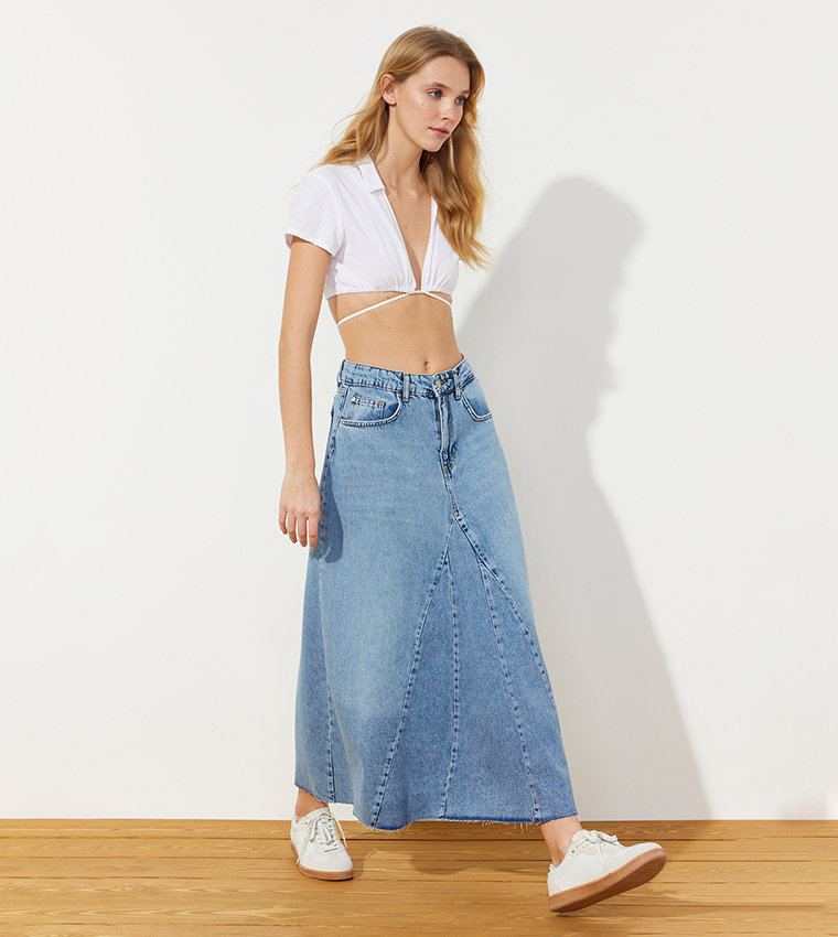 Stitch Detail High Waist Midaxi Denim Skirt