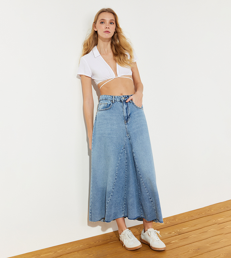 Stitch Detail High Waist Midaxi Denim Skirt