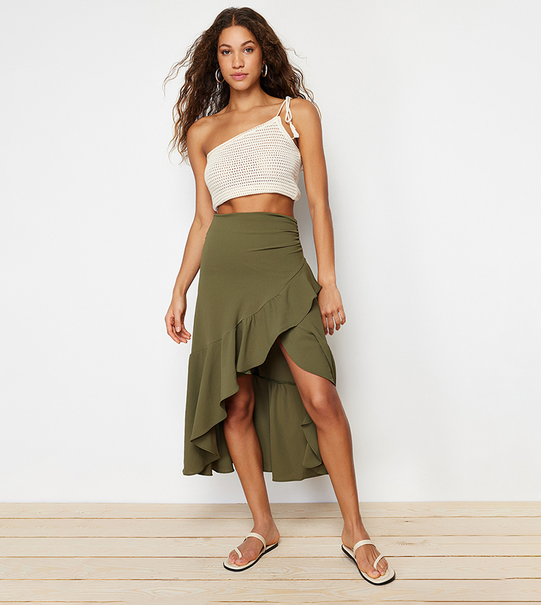 Buy Trendyol Solid Asymmetric Flounce Midi Skirt In Khaki 6thStreet Bahrain