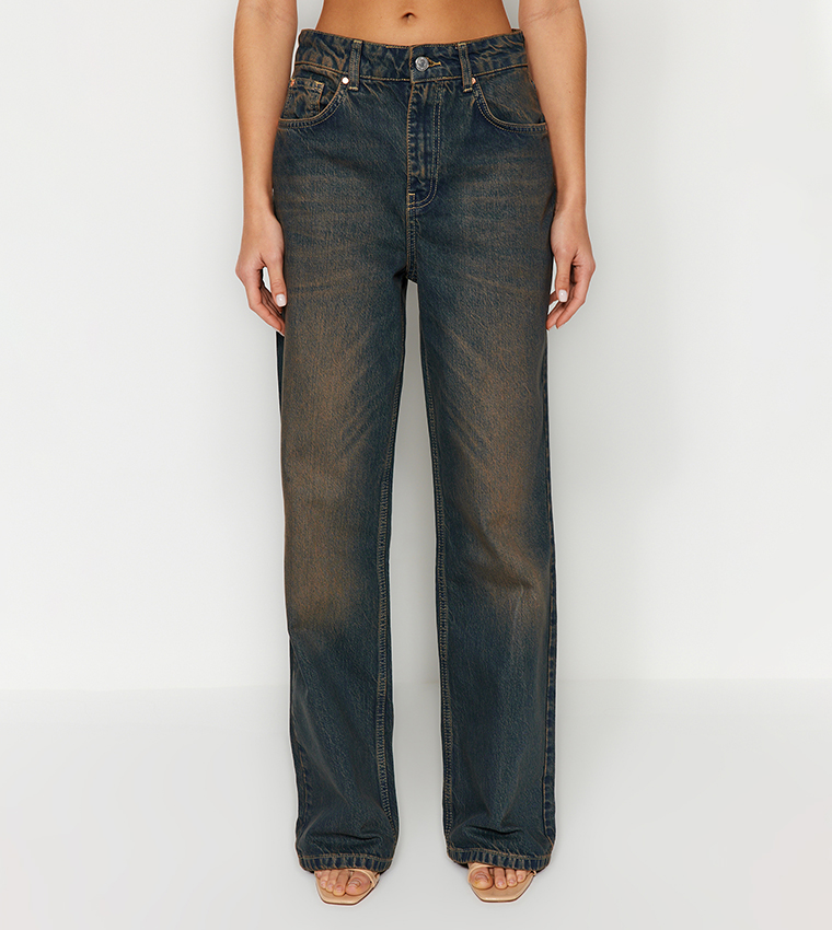 Faded Vintage Effect High Waist Wide Leg Jeans