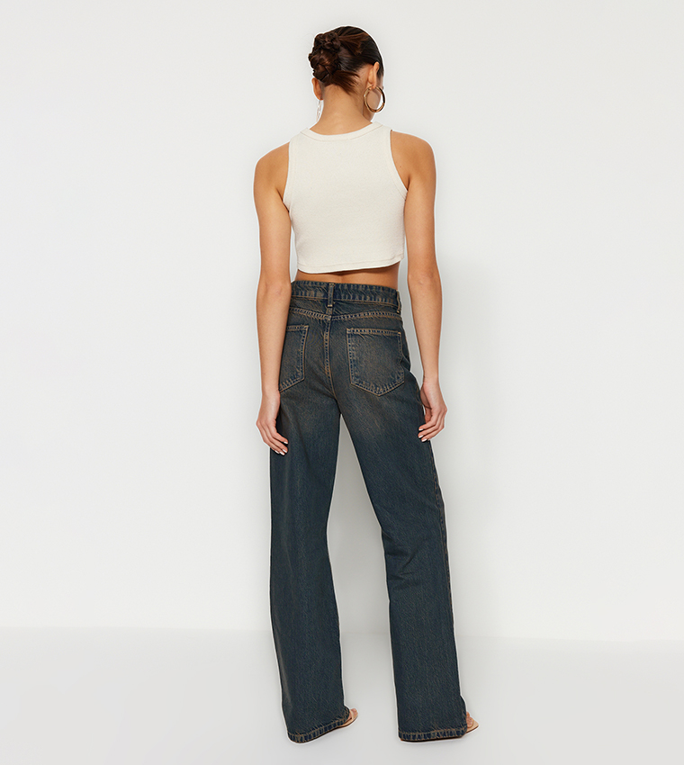 Faded Vintage Effect High Waist Wide Leg Jeans