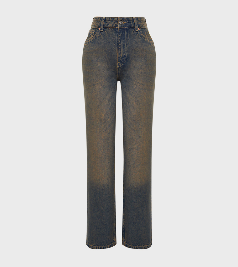 Faded Vintage Effect High Waist Wide Leg Jeans
