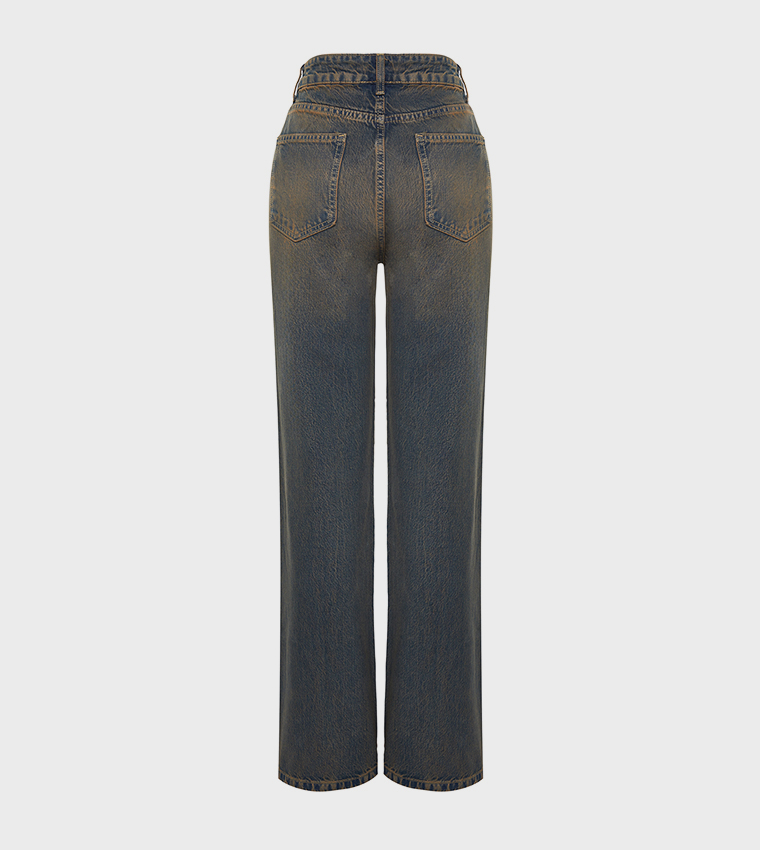 Faded Vintage Effect High Waist Wide Leg Jeans