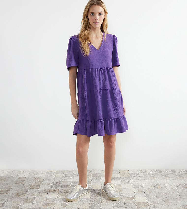 Buy Trendyol Solid Short Sleeves Tiered Dress In Purple