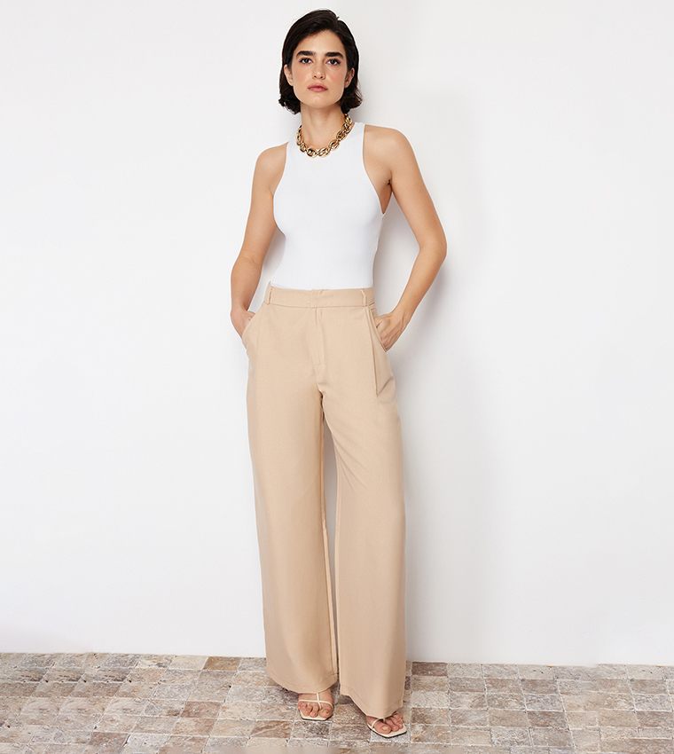 Buy Trendyol Solid Pleat Detail Wide Leg Trousers In Beige