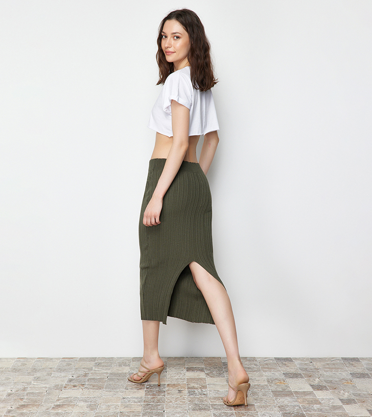 Buy Trendyol Ribbed Bodycon Skirt In Khaki 6thStreet Kuwait