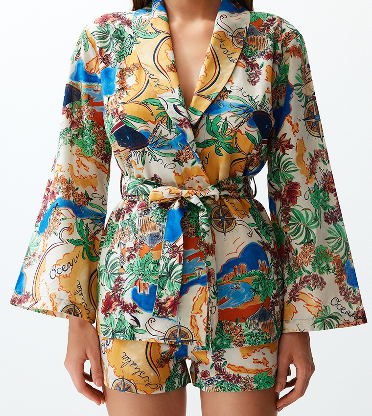 Printed Belted Kimono and Shorty Set