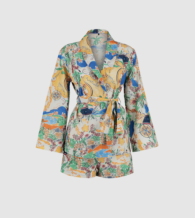 Printed Belted Kimono and Shorty Set