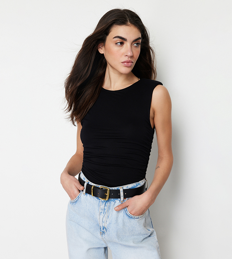 Buy Trendyol Solid Sleeveless Bodysuit Top In Black