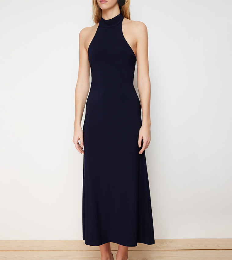 Solid Halterneck Midi Dress