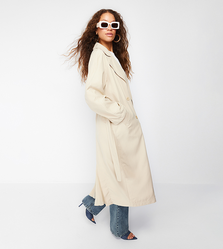 Buy Trendyol Oversized Wide Cut Chiffon Detail Pleated Trench Coat