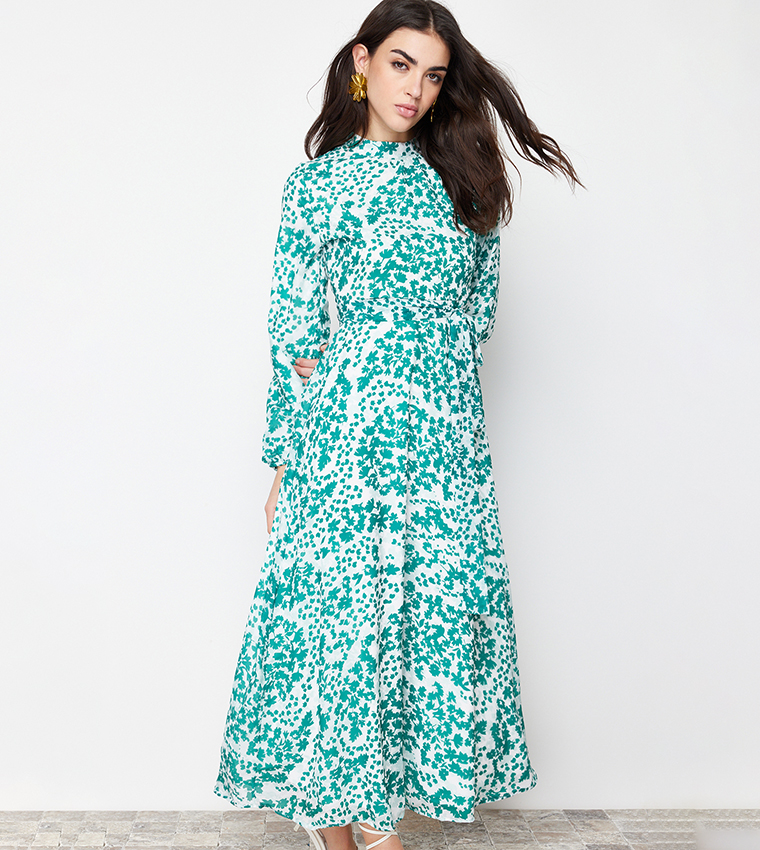 Patterned Mock Neck Maxi Dress