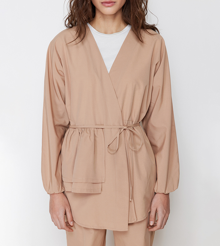 Solid Woven Kimono and Trousers Set