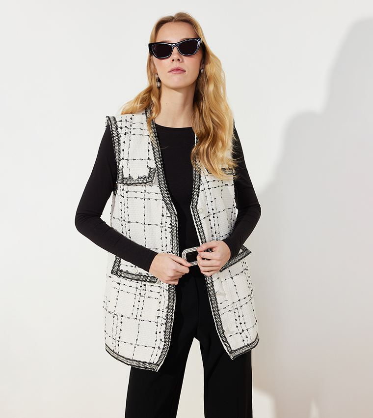 Pocket Detailed Tweed Woven Vest