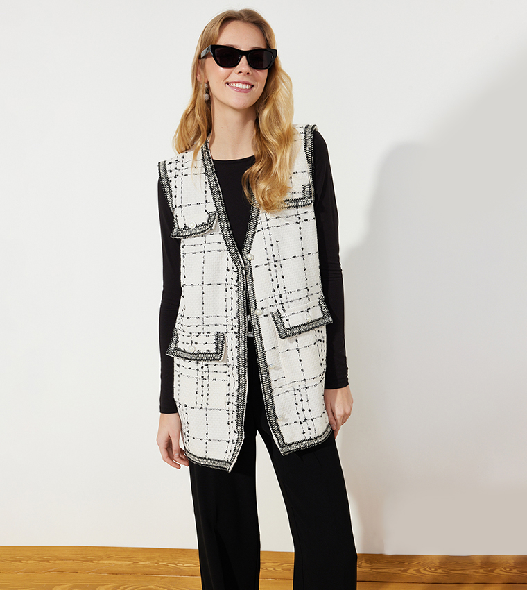 Pocket Detailed Tweed Woven Vest