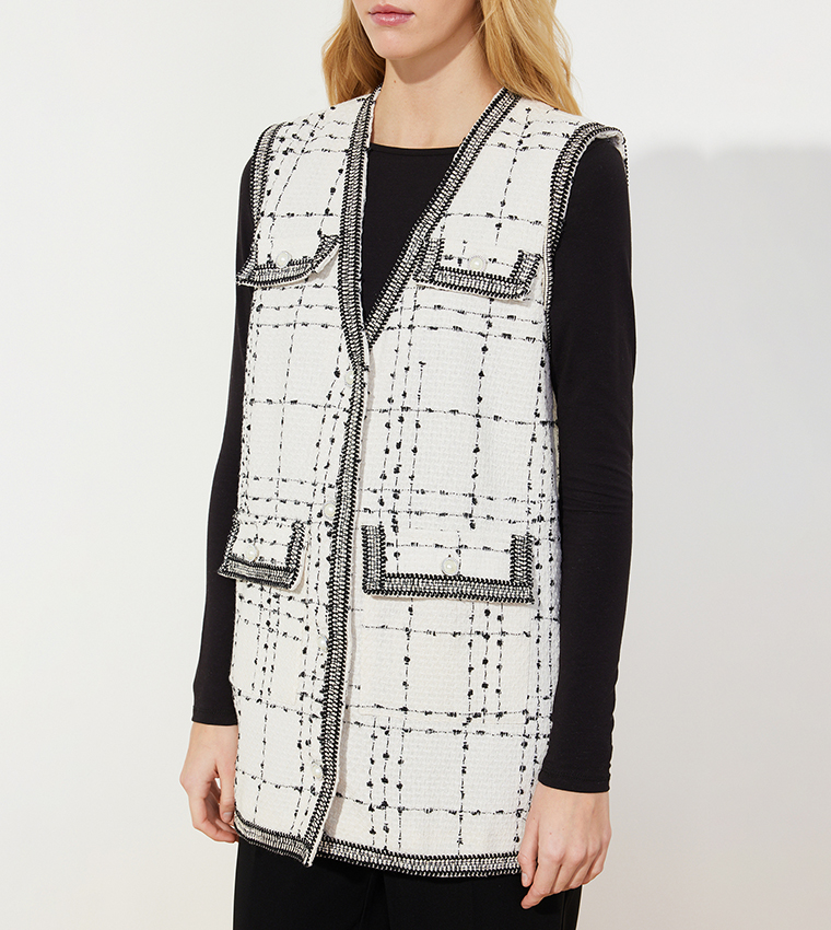 Pocket Detailed Tweed Woven Vest