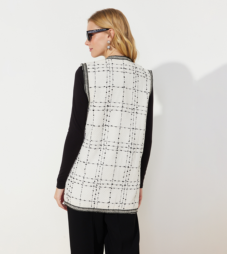 Pocket Detailed Tweed Woven Vest