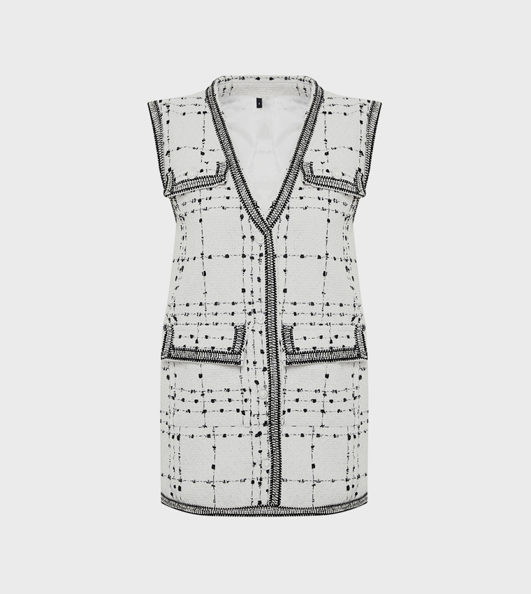 Pocket Detailed Tweed Woven Vest