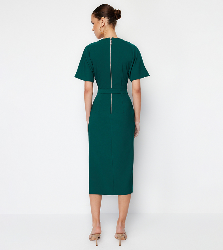 Short Sleeves Belted Midi Dress