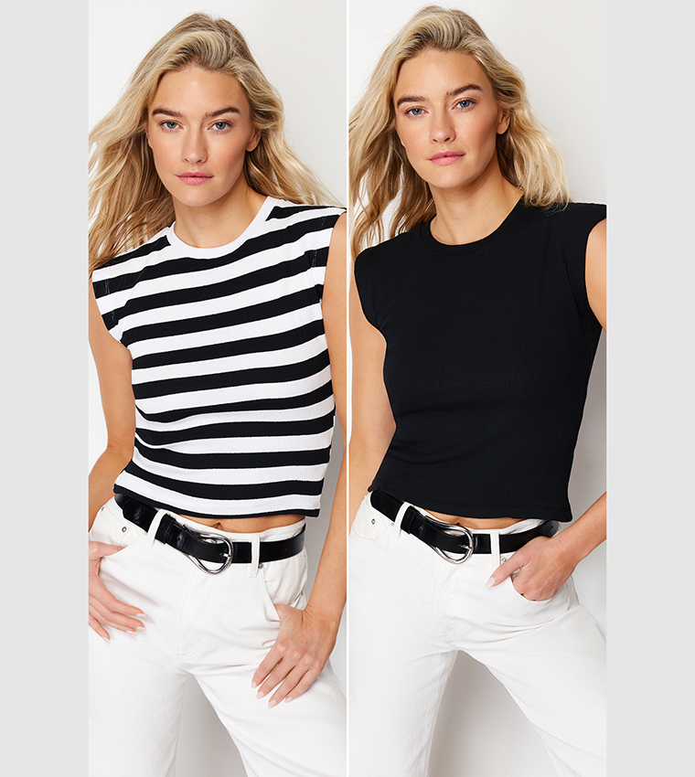 Buy Trendyol Pack Of 2 Striped Crop Tops In Multiple Colors