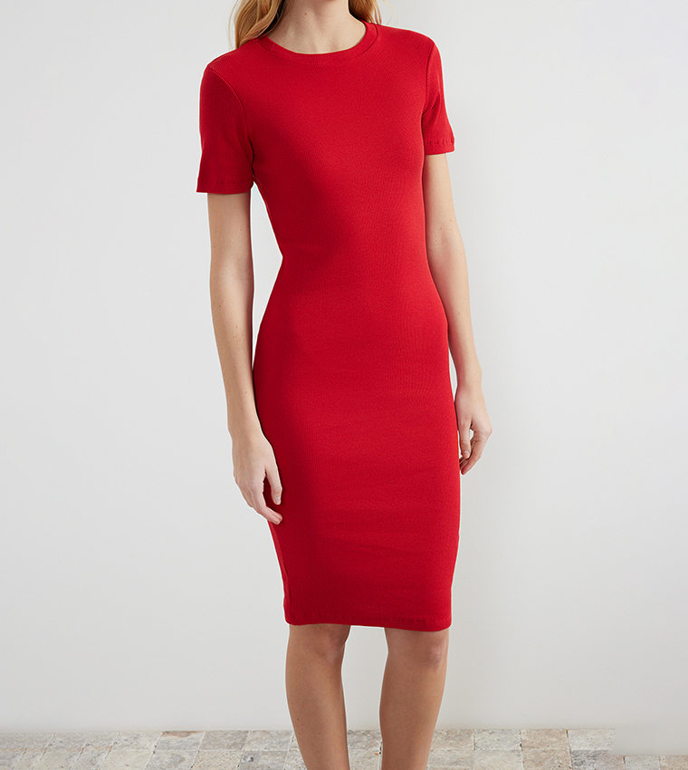 Ribbed Short Sleeves Bodycon Dress
