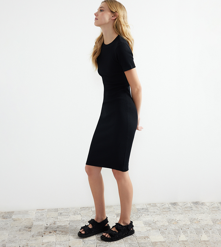 Ribbed Short Sleeves Bodycon Dress